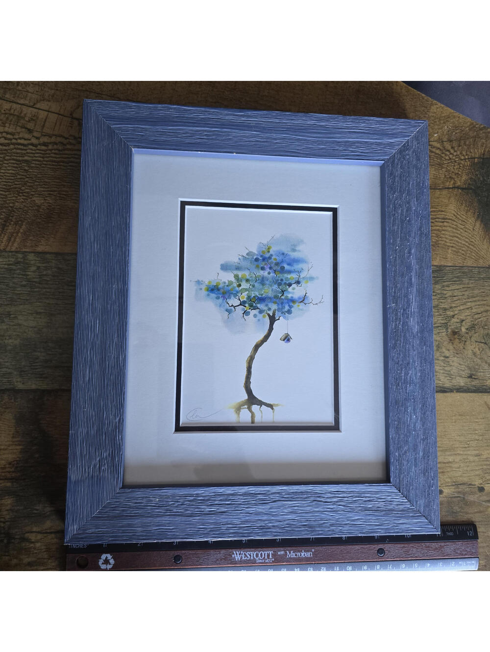 Olga Cuttell "Sweet Home" Watercolor Art Print Framed Whimsical Blue Tree signed